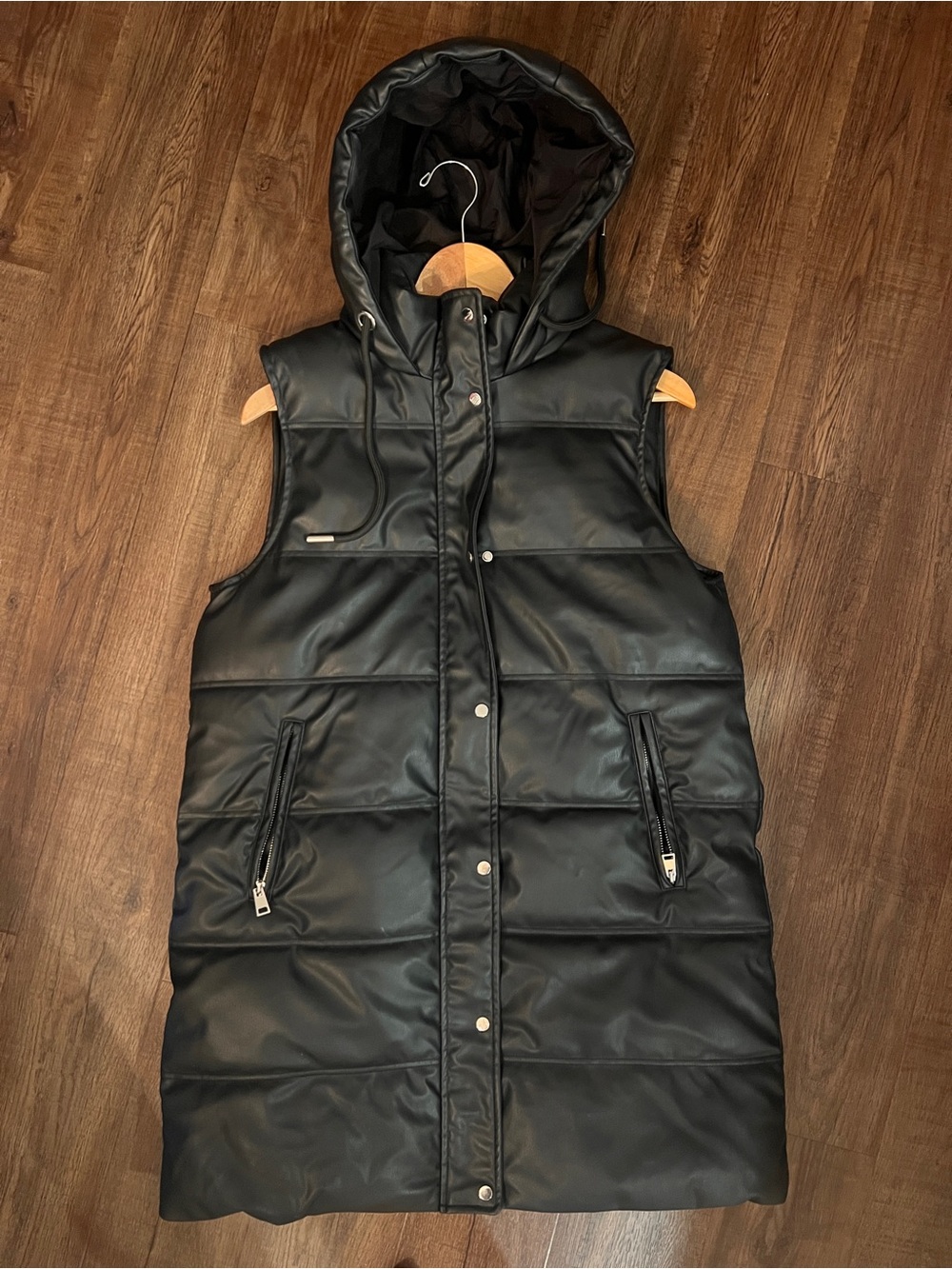 Zara Black Faux Leather Hooded Long Puffer Vest Sleeveless Coat Size M